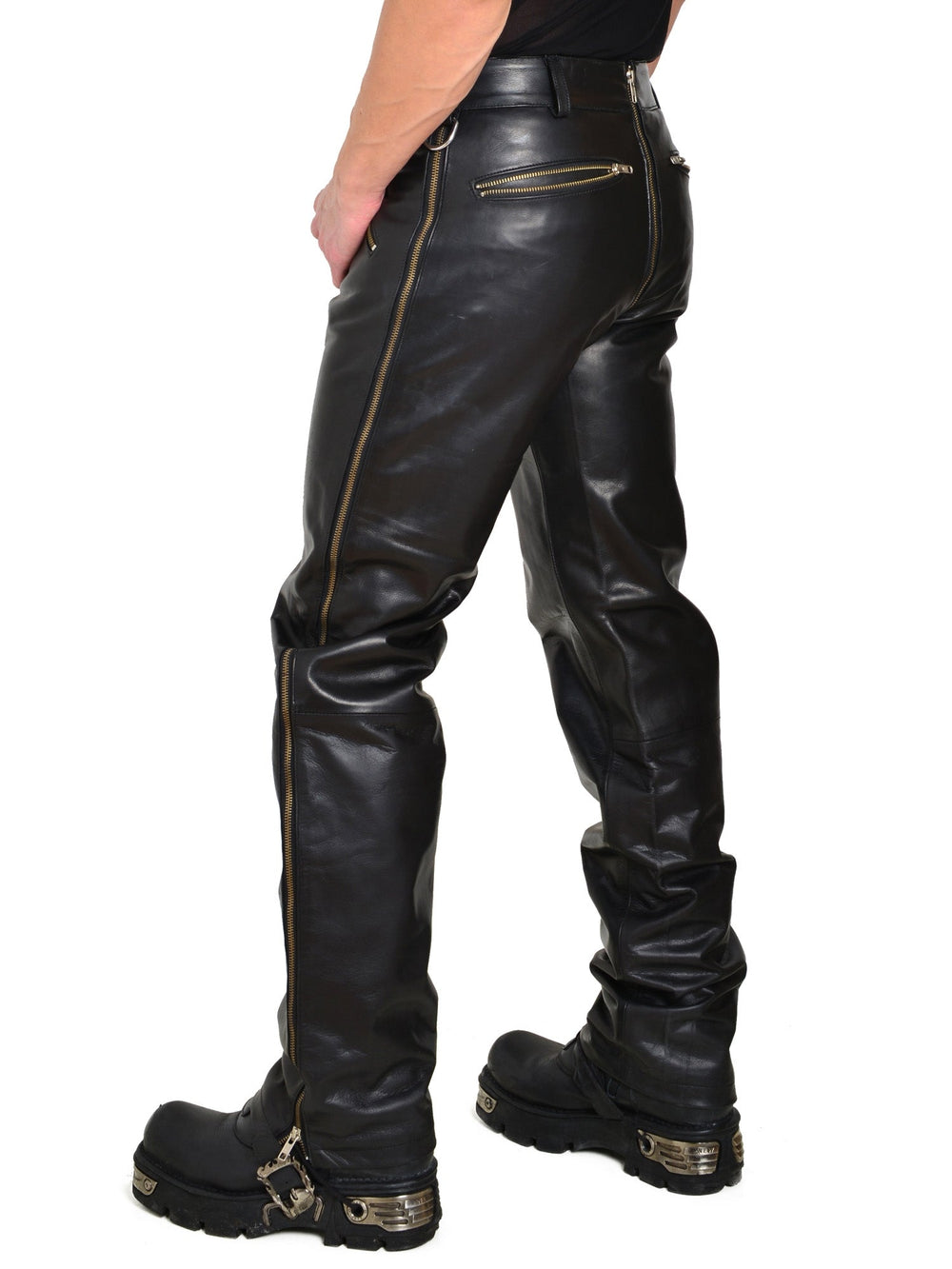 Mens 2-Way Zip Leather Jeans - Honour Clothing