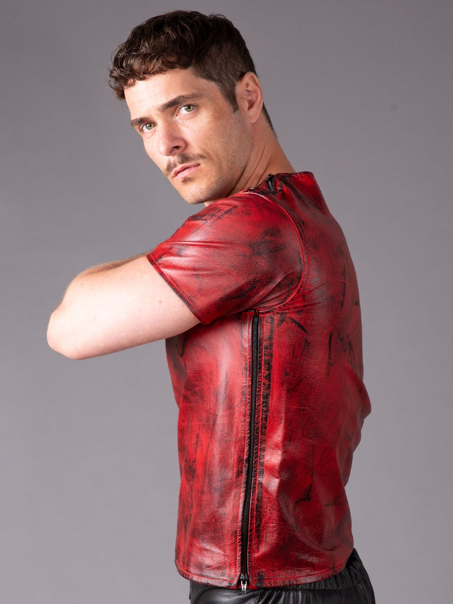 Round Neck Premium Leather T-Shirt - Red - Honour Clothing